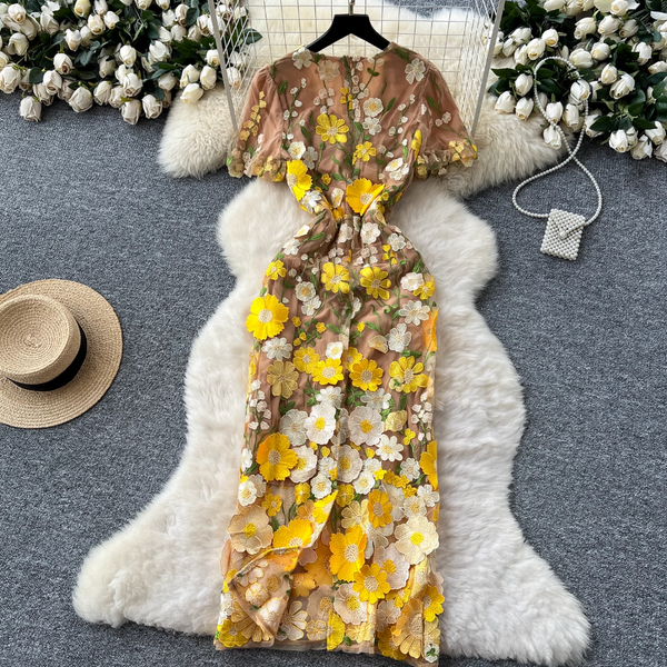 V-neck Flower Embroidered Party Dress