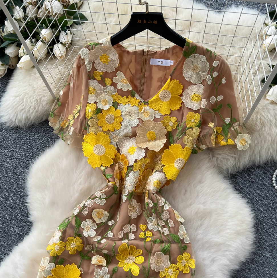 V-neck Flower Embroidered Party Dress