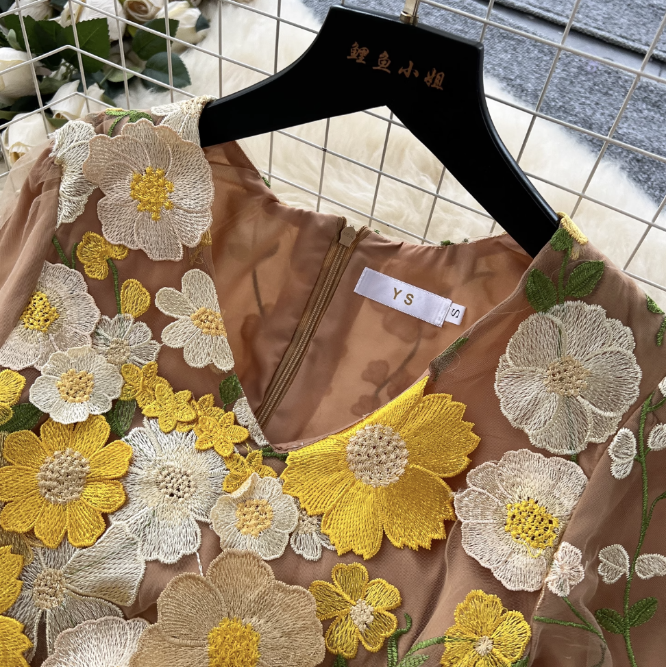 V-neck Flower Embroidered Party Dress