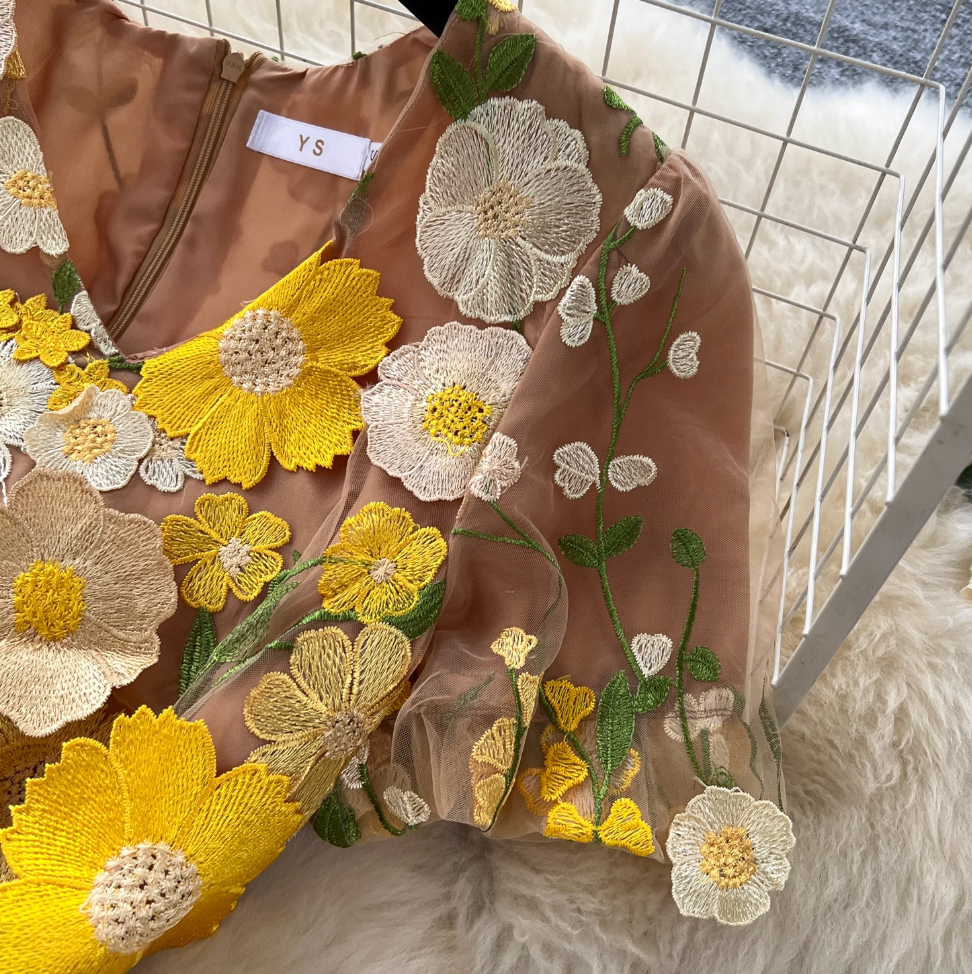 V-neck Flower Embroidered Party Dress