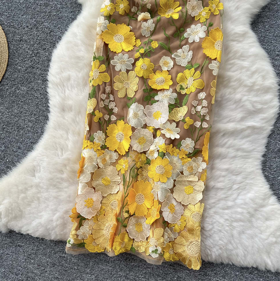 V-neck Flower Embroidered Party Dress