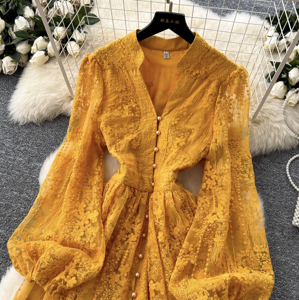 Floral Embroidery Mesh A-line Dress
