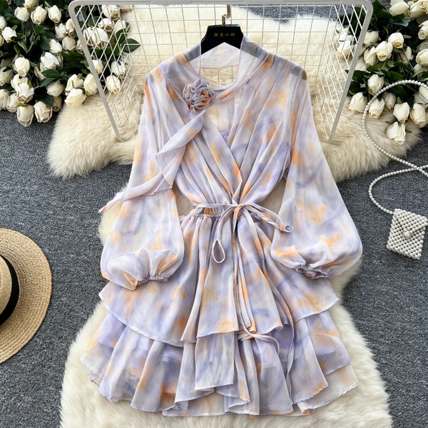 Purple Floral Layered Chiffon Dress