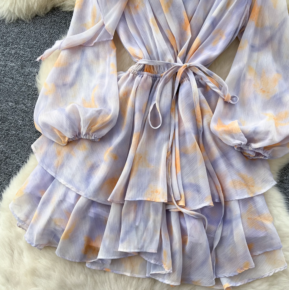 Purple Floral Layered Chiffon Dress