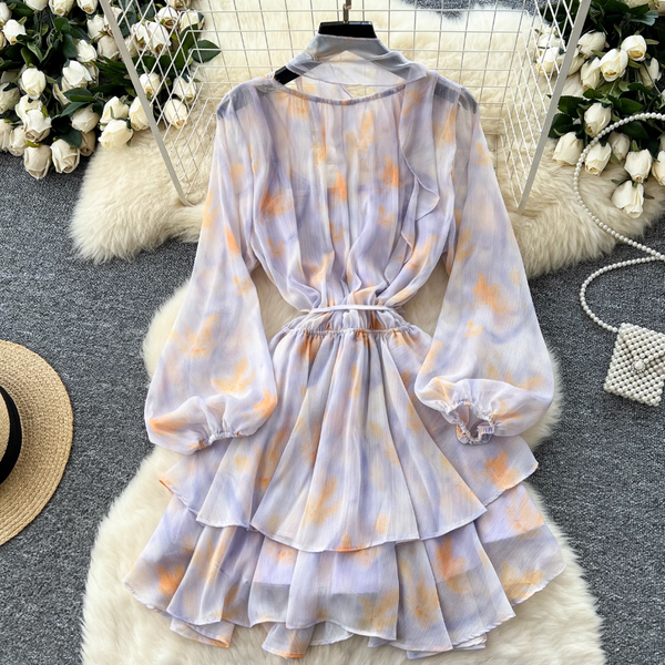 Purple Floral Layered Chiffon Dress