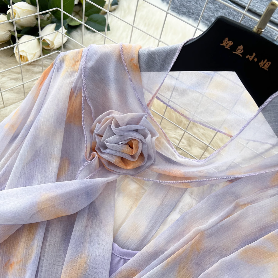 Purple Floral Layered Chiffon Dress