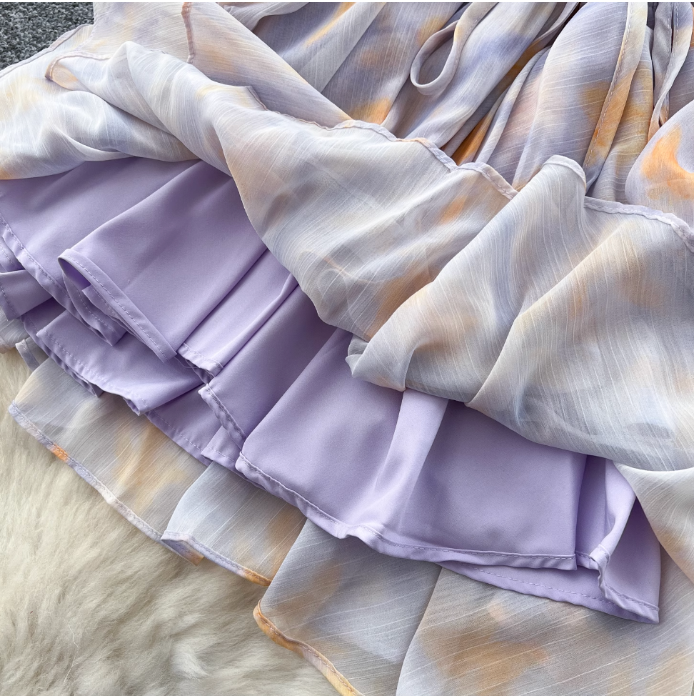 Purple Floral Layered Chiffon Dress