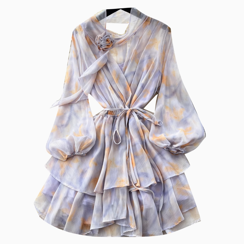 Purple Floral Layered Chiffon Dress