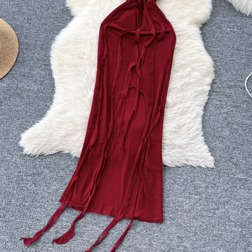 Niche Design Ripped Red Mesh Dress