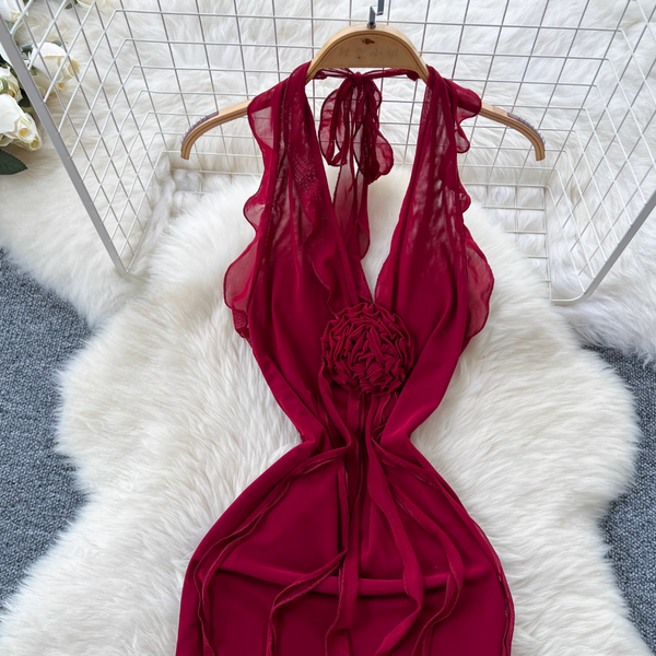 Niche Design Ripped Red Mesh Dress