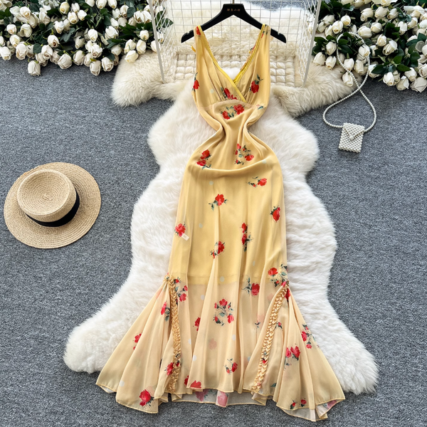 Vintage Floral Printed Fishtail Dress