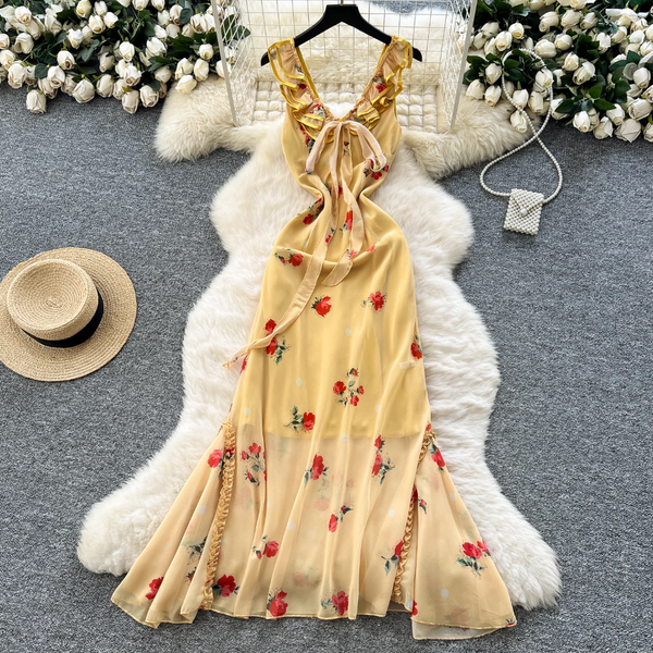 Vintage Floral Printed Fishtail Dress
