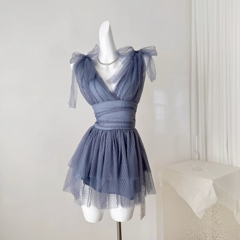 V-neck Grayish Blue Puffy Dress