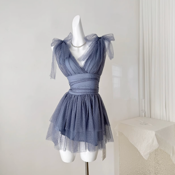 V-neck Grayish Blue Puffy Dress