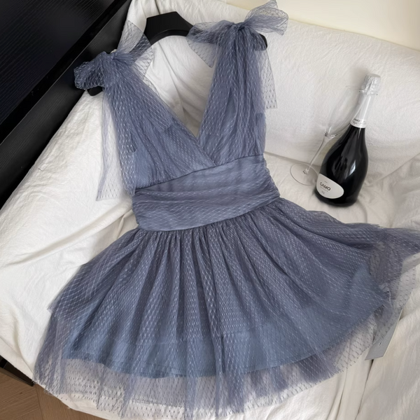 V-neck Grayish Blue Puffy Dress