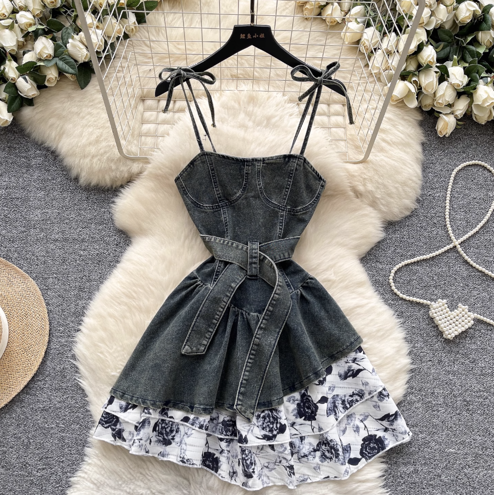 Niche Floral Patchwork Denim Slip Dress