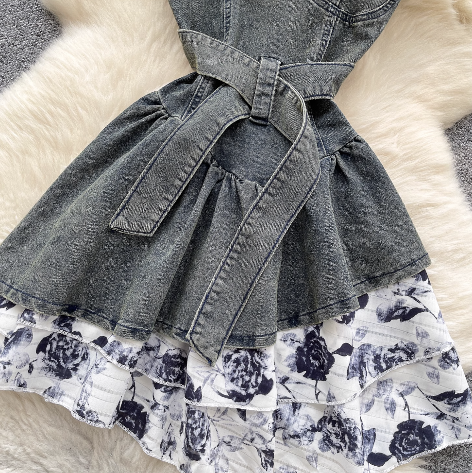 Niche Floral Patchwork Denim Slip Dress