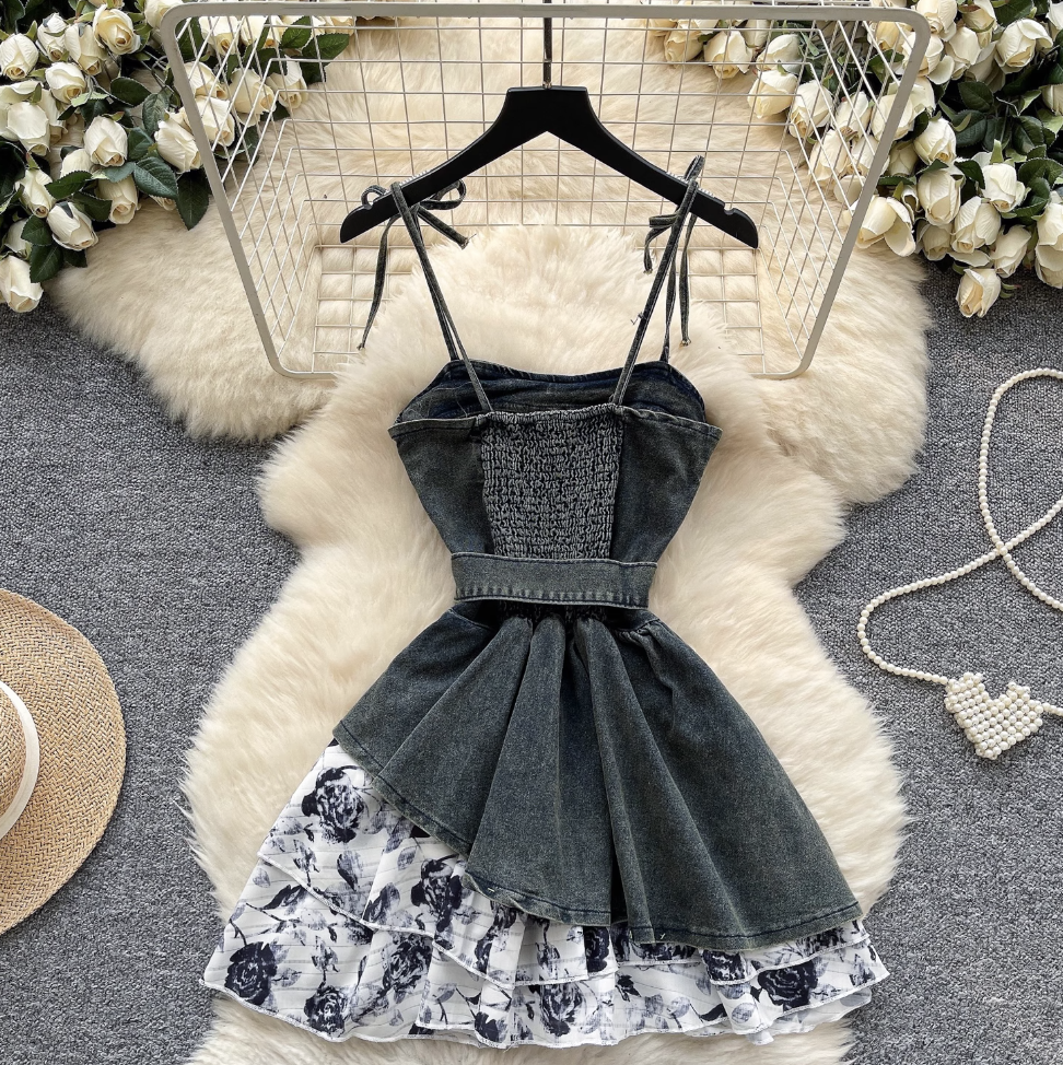 Niche Floral Patchwork Denim Slip Dress