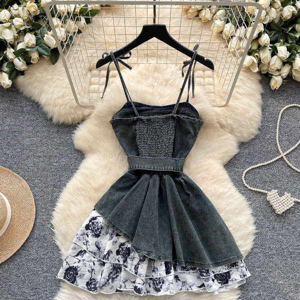 Niche Floral Patchwork Denim Slip Dress