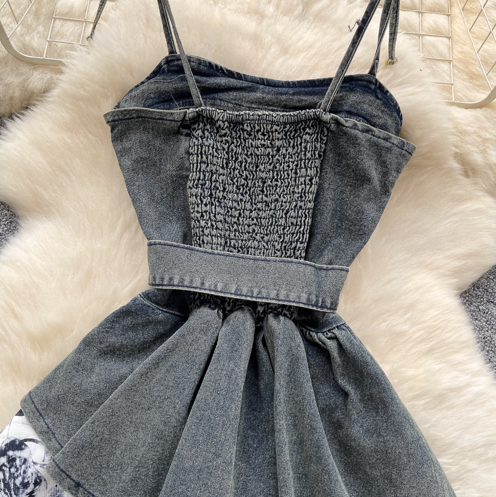 Niche Floral Patchwork Denim Slip Dress