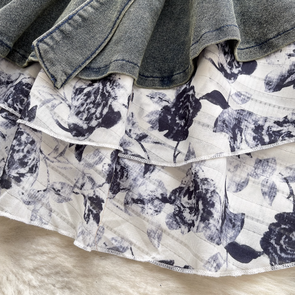 Niche Floral Patchwork Denim Slip Dress