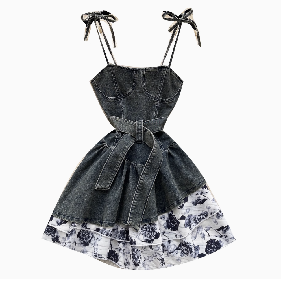 Niche Floral Patchwork Denim Slip Dress