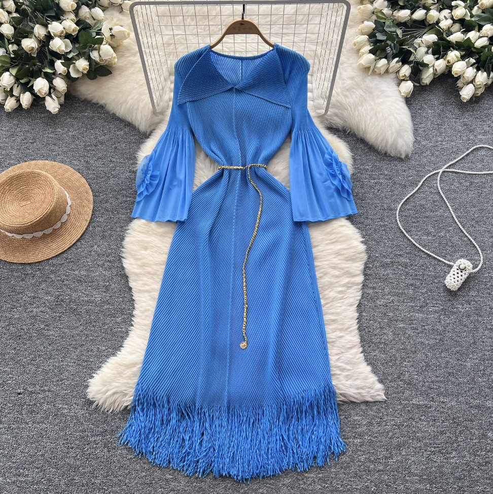 Lapeled Pleated Fringed Knit Dress