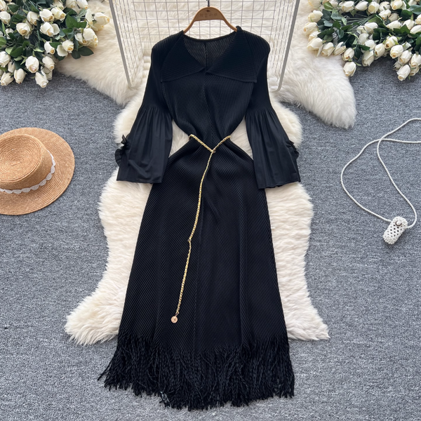 Lapeled Pleated Fringed Knit Dress
