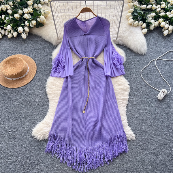 Lapeled Pleated Fringed Knit Dress