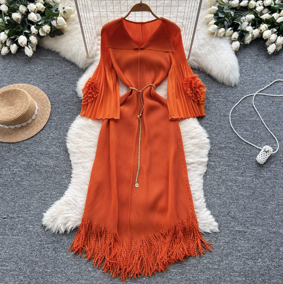 Lapeled Pleated Fringed Knit Dress