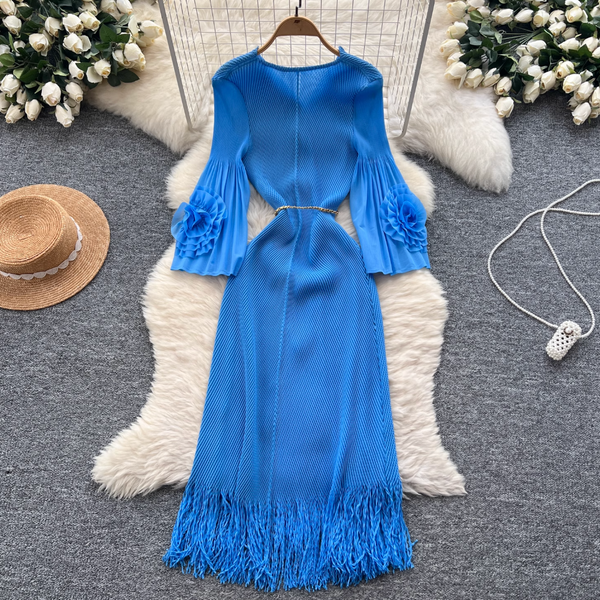 Lapeled Pleated Fringed Knit Dress