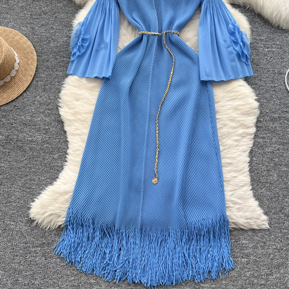 Lapeled Pleated Fringed Knit Dress