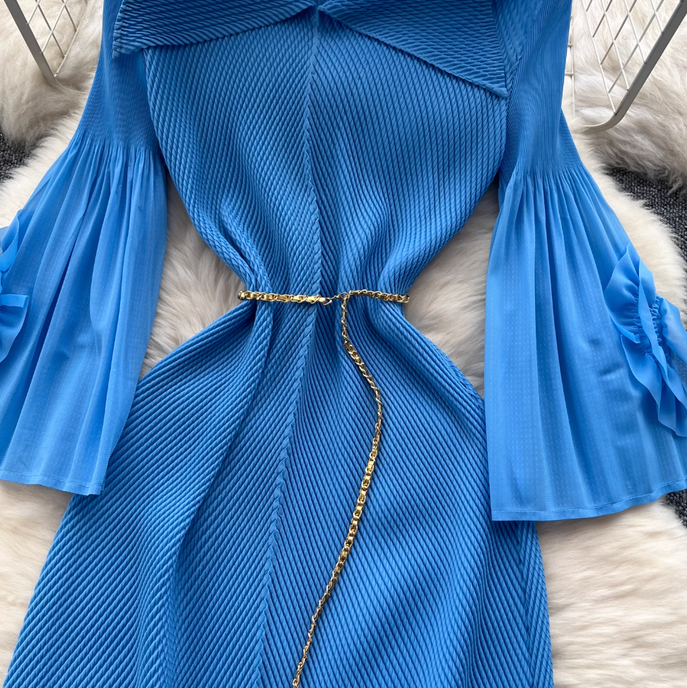 Lapeled Pleated Fringed Knit Dress