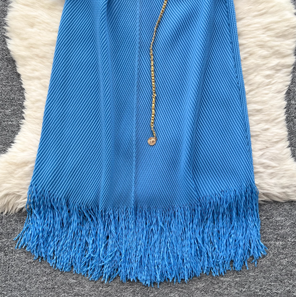Lapeled Pleated Fringed Knit Dress