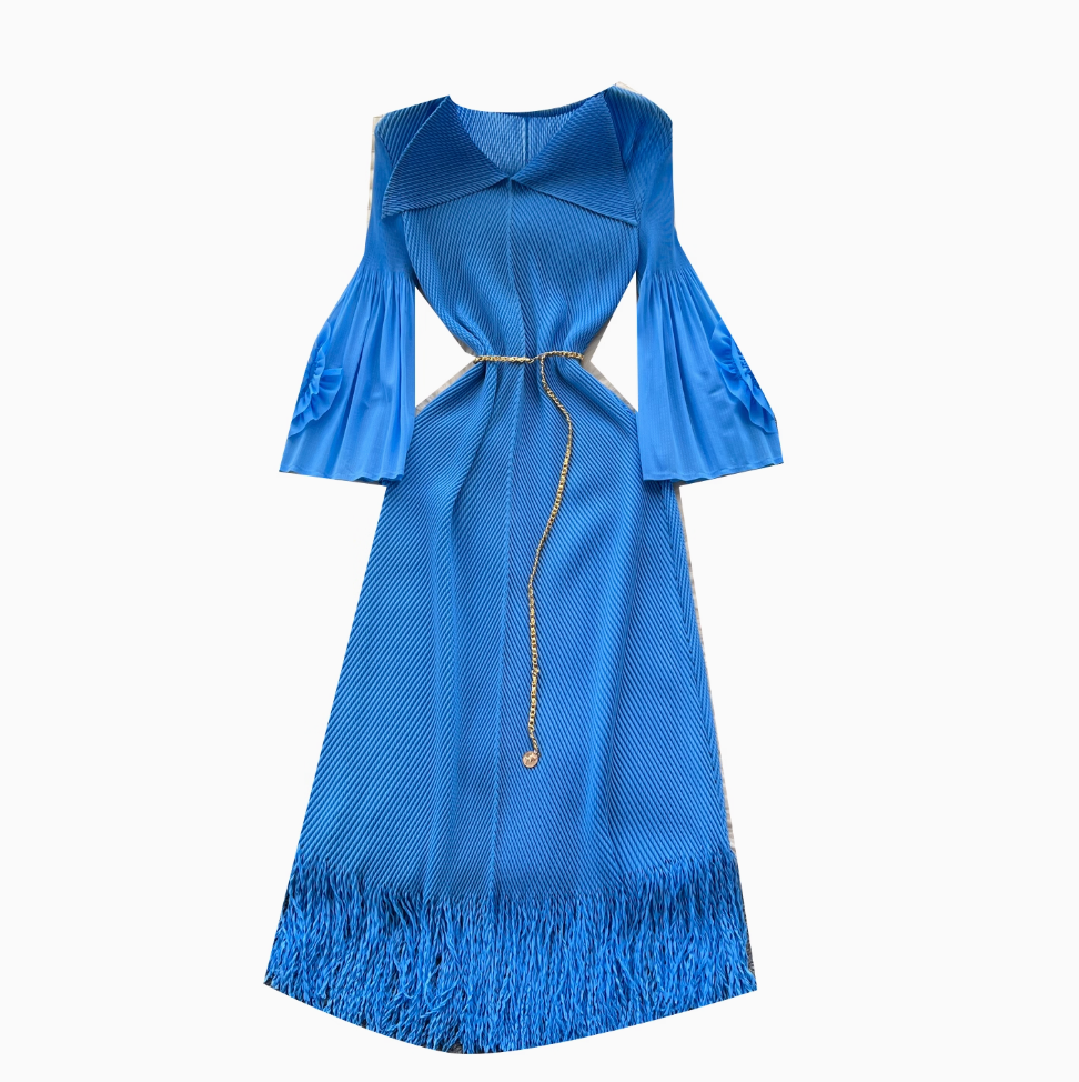 Lapeled Pleated Fringed Knit Dress