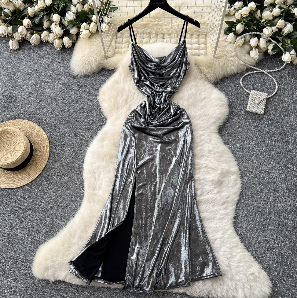 Draped Neckline Pleated Slip Dress