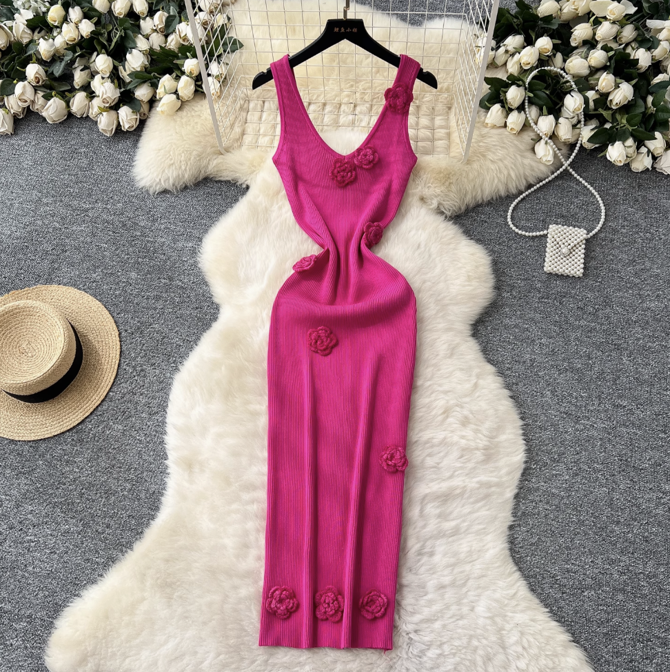 3d Flower Knitted Vest Dress