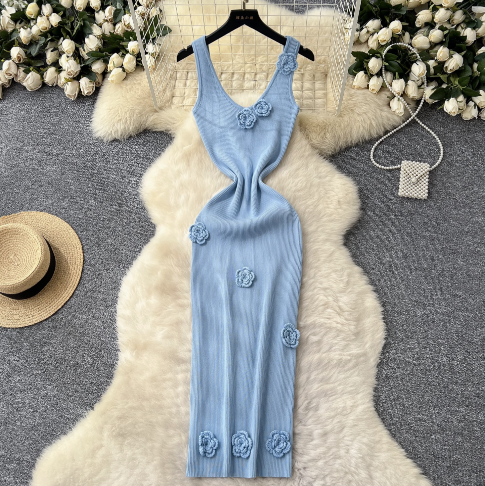 3d Flower Knitted Vest Dress