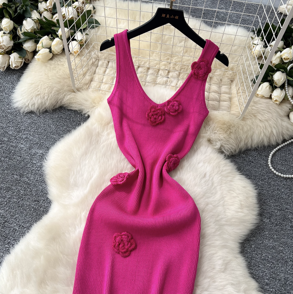 3d Flower Knitted Vest Dress