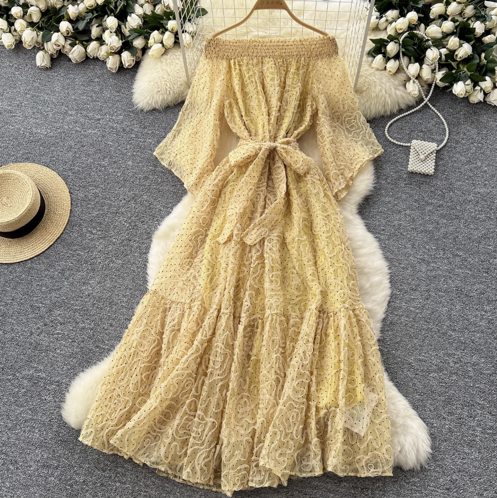 Off-shoulder Polka Dot Embroidery Dress