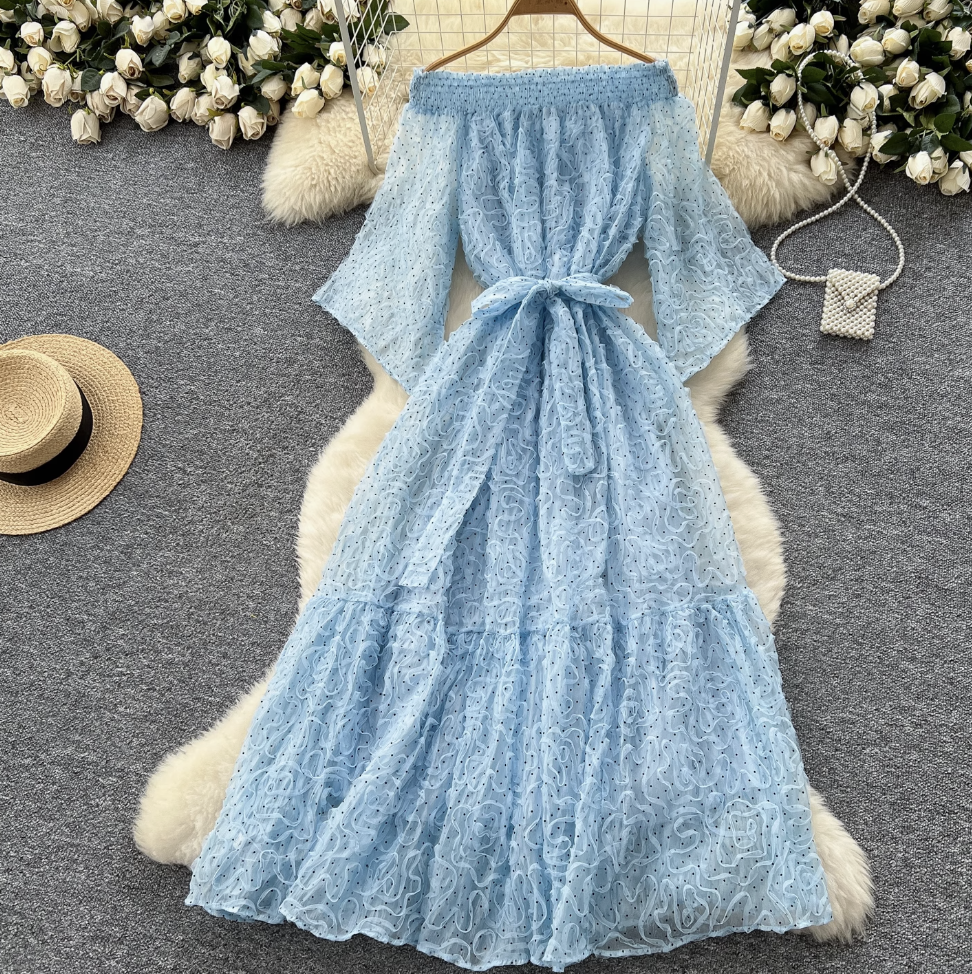 Off-shoulder Polka Dot Embroidery Dress