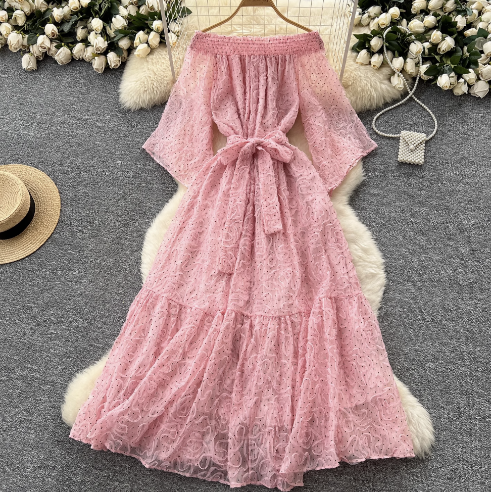Off-shoulder Polka Dot Embroidery Dress