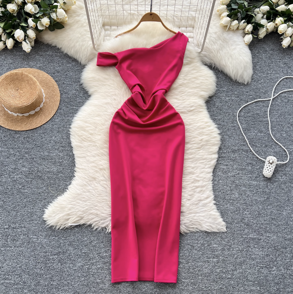 Slant Neckline Slim-fit Party Dress