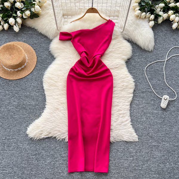 Slant Neckline Slim-fit Party Dress