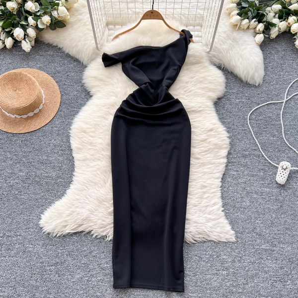 Slant Neckline Slim-fit Party Dress