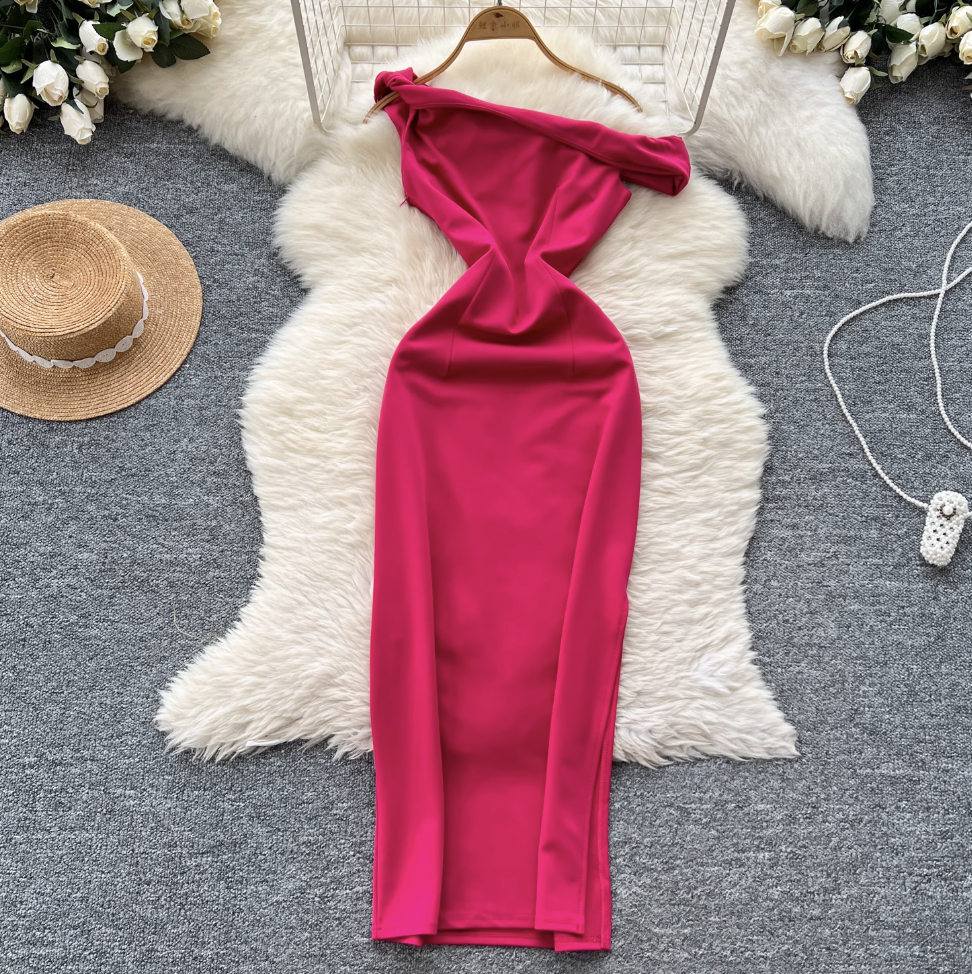 Slant Neckline Slim-fit Party Dress