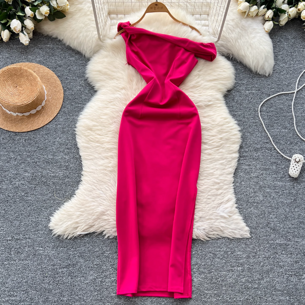 Slant Neckline Slim-fit Party Dress