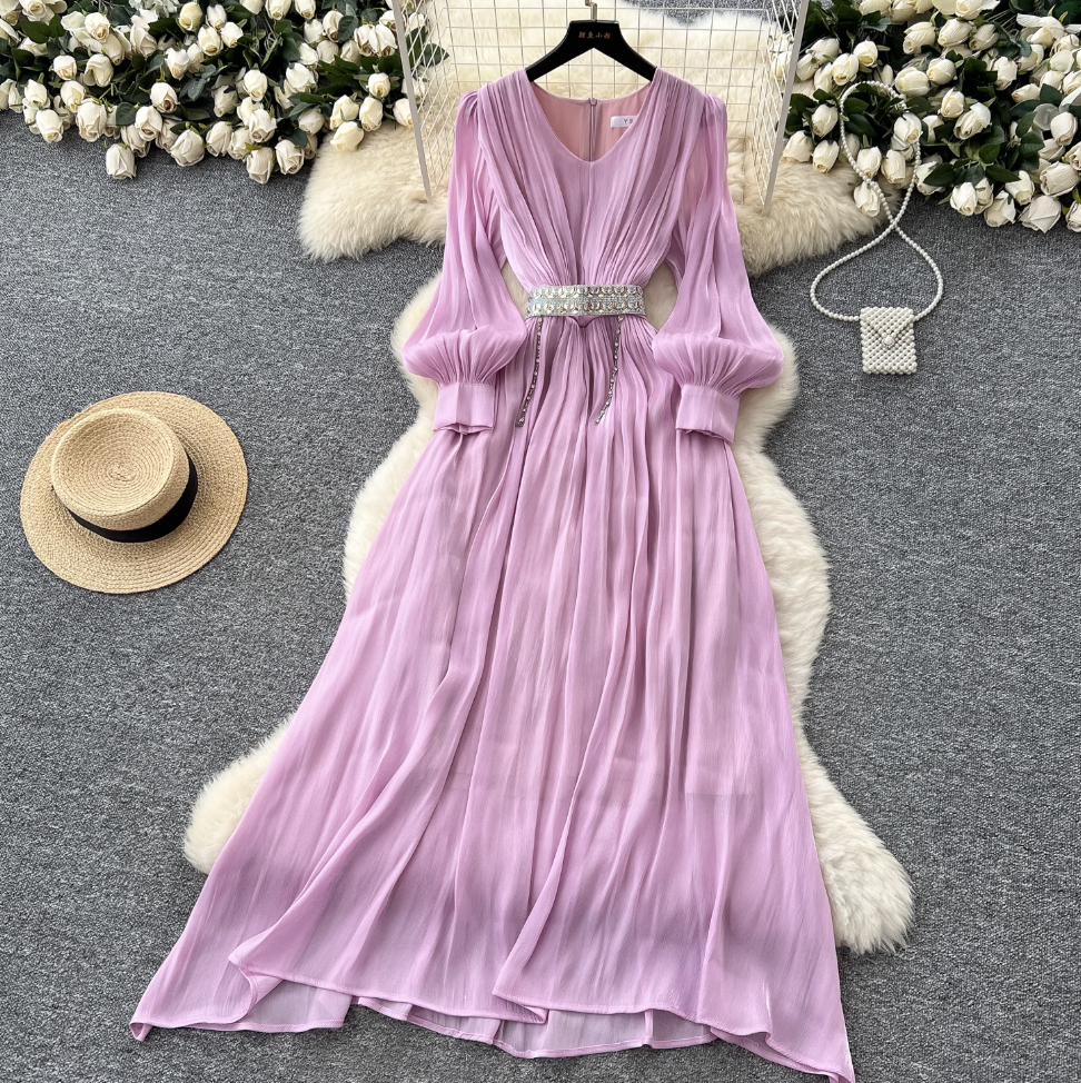 French Style V-neck Glossy Chiffon Dress