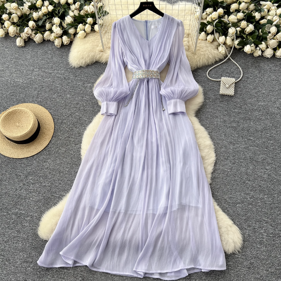 French Style V-neck Glossy Chiffon Dress