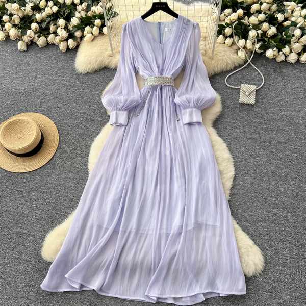 French Style V-neck Glossy Chiffon Dress